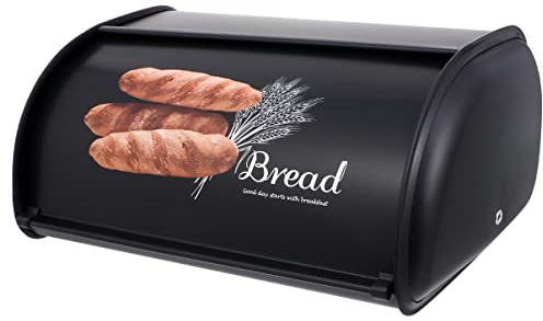 YARNOW Brotkasten Metall Retro Brotbox Brotdose Brotbehälter Brot Aufbewahrung Box Kiste Knäckebrot Kekse Box mit Rolldeckel für Brötchen Backwaren Länger Frisch Schwarz