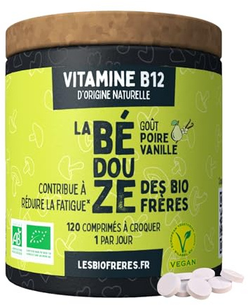 Les Bio Frères - Vitamine B12 Bio Végane d’Origine Naturelle - Énergie, Vitalité & Réduction de la Fatigue - Système Nerveux & Immunitaire - Cure 4 Mois (120 Comprimés) (Poire-Vanille)