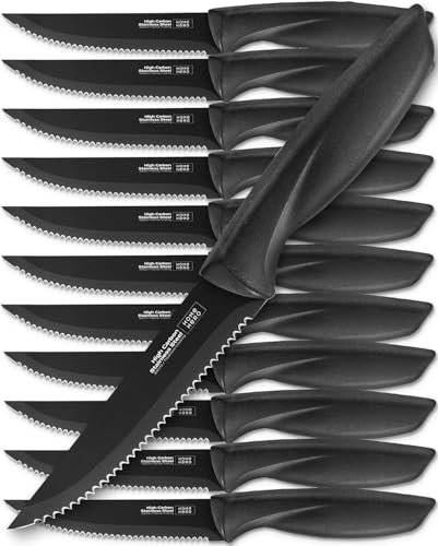 Home Hero Steak Knives, Sharp Steak Knives Set, High-Carbon Stainless Steel Steak Knife Set, Ergonomic Handles Serrated Knives (12 Stück – Schwarz)
