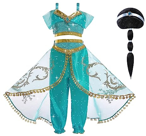 ACWOO Jasmine Princess Kostym för flickor, Jasmine Fancy Dress Up Outfit Set med peruk, Arabian Princess Paljetter Fancy Dress Up Kostym för Cosplay Födelsedag Halloween Party Carnival