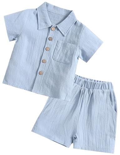FEOYA Baby pojkar sommar 2-delat set småbarn skjorta shorts babykläder tvådelat set bomull linne nyfödda set barn outfit casual kostym 80–120, Blå 1, 3-4 År