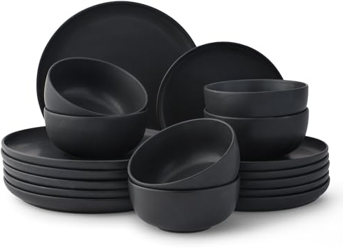 JoyJolt Mesa Stoneware Dinnerware Set, 18-Piece Plates and Bowls, Modern Farmhouse Matte Black Dish Set for 6