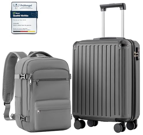 COOLIFE Kabinväska 55 x 40 x 20 cm för Ryanair flygplan, handbagage, kabinbagage, hård väska med TSA-lås och 4 dubbla hjul, Grå, 55 x 40 x 20 cm - Set de 2 piezas, Trolley resväska resväska ABS hårt