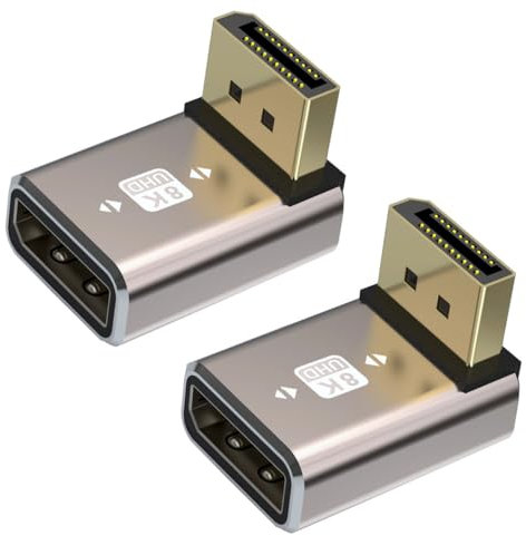 HTGuoji Adattatore 8K DisplayPort 1.4, angolo retto DP maschio a 90 gradi per connettore femmina DP 8K@60Hz 4K@144Hz 1080p@240HZ Full HD Stereo 3D 2pcs (down)