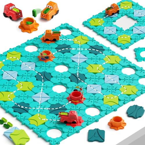 burgkidz Kinder Brettspiele, Gesellschaftsspiel Labyrinth Logische Straßenbauer mit Elektronische Lastwagen Spielzeug für Mädchen und Jungen, Pädagogische Geburtstagsgeschenke Lernspiel ab 4-8 Jahre