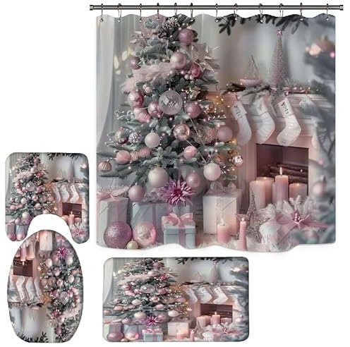 Duschvorhang Rosa Blumen Lila Badezimmermatte Verdickung Bad Teppiche Set, Duschvorhang Stoff+Bath Mat rutschfeste(45x75cm)+U-Typ Fußmatte Wasseraufnahme+Toilette Badmatte