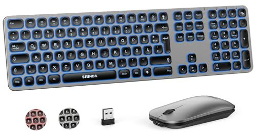seenda Tastatur Maus Set Kabellos, Wiederaufladbar mit 3-Farbiger Beleuchtung, Ultradünne Leise 2,4G Funktastatur mit Maus, Fullsize für Windows PC Laptop, Schwarz&Grau