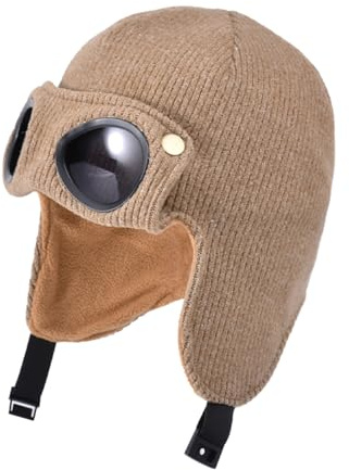 TAGVO Chapeau Bonnet Hiver pour Enfants de 4 à 10 Ans, Bonnet Tricoté en Doublure en Polaire Thermique, Cagoule Coupe-Vent avec Lunettes de Ski Bonnet de Course pour Garçons Filles Sport de Plein Air