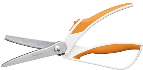 Fiskars Pinking Shears, Zig-Zag Edge, Stainless Steel Blades, Precision Cuts for Sewing, Easy Action Spring Assist Fabric Scissors | Acrylic Ruler (3 in. x. 18 in.) allows you to accurately measure fabric strips or small squares,