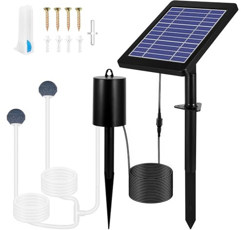 Solar Pond Aerator with 2 Air Bubble Stones, IP64 Waterproof Pond Aerator Air Pump Kit, Portable Multifunctional Solar Oxygen Pump, 3 Oxygen Modes, 35db Mute, for Garden Fish Tank Pool Fishing Pond