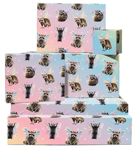 Papel de regalo hadas - 6 hojas de papel de regalo ecológico con etiquetas - Mapaches de hadas - Colores pastel Ombre - Reciclable - Por Central 23