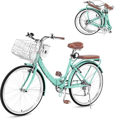 BGGFNZ 24/26 Inch Beach Cruiser Bike for Women Folding Bikes, 7-Speed Womens Bike with Basket and Coffee Cup, Womens Foldable Bicycle Commuter Bikes for Adults, Adjustable Seat & Dual V-Type Brakes