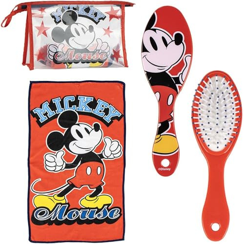 Kulturbeutel für Reisen, Zubehör Mickey, mit Kamm, Handtuch und Tasche von Mickey, Kulturbeutel für Reisen oder Schule, rot, Transparente Kosmetiktasche mit Reißverschluss