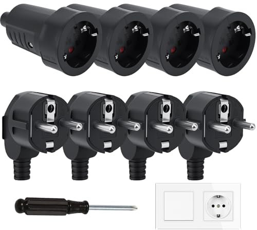 Lot de 8 Connecteurs Schuko, Kit Schuko Fiche + Prise Femelle 250V(16A), Ignifuge IP20, Prise d'alimentation, Jeu de Contacts de Protection, Fiche Europe Schuko pour Câble 8 mm