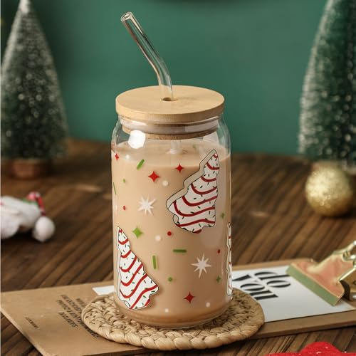 Christmas Tree Cup, 16oz Clear Glass Cups with Lids and Straws, Cute Cups for Women, Christmas Tree Design, Reusable Drinking Cup with Bamboo Lids, Santa Christmas Gifts for Men, Women and Friends