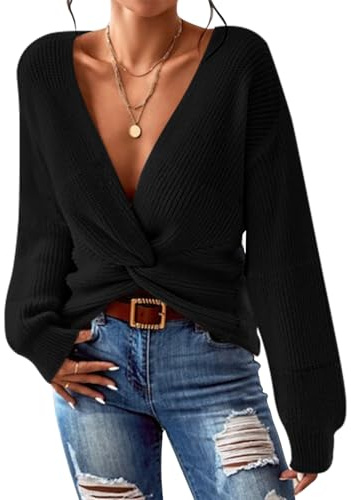 Sovoyontee Pull pour femme - Décontracté - Col en V - Manches longues - En maille - Top court, Noir , L
