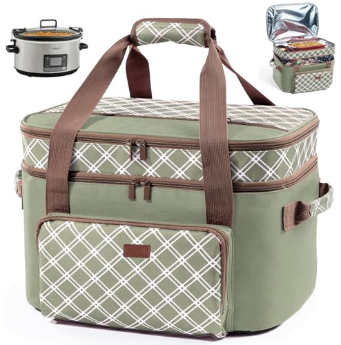 Double Layer Slow Cooker Carrier Bag for 6-8 Quart Oval CrockPot, Insulated Crock Pot Travel Bag with Top Zip Compartment and Front Pocket for Utensils