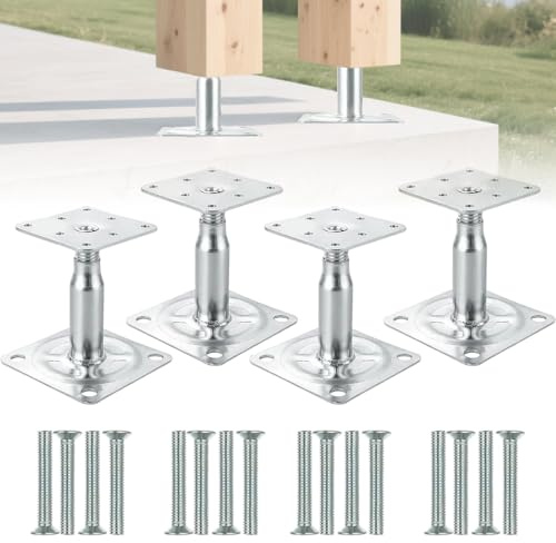 Lot de 4 supports de poteau - Hauteur réglable - 100 à 145 mm - Pied de poteau galvanisé à visser - Pied de support avec vis - Ancrage de poteau réglable - Pied de support pour clôtures, abri de