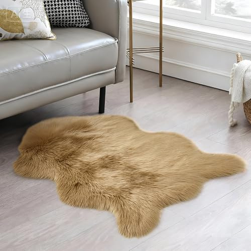 Fluffy Faux Sheepskin Rug - Faux Fur Rugs - 60x90cm Faux Sheepskin Throw Small Rugs, Washable Non Slip Soft Shaggy Area Rugs, Brown Fluffy Fur Rug for Bedroom Living Room Sofa Floor Decor (Brown)