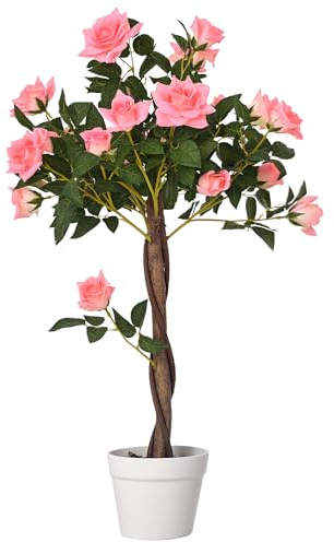 Outsunny Pianta Finta di Rosa da 21 Fiori con Vaso Riempito in Cemento e Muschio, Pianta Artificiale Anti-UV in Plastica e Tessuto, Ø18x90 cm, Rosa
