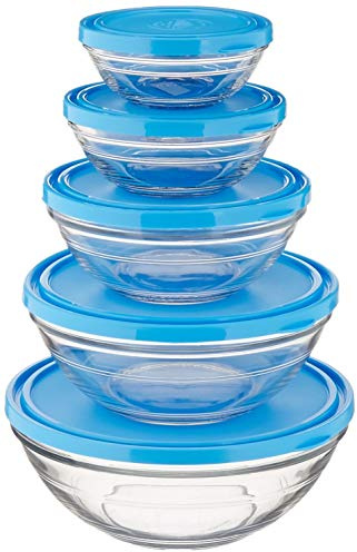 Duralex - Service de 5 saladiers ronds avec couvercle bleu Lys - diamètre 12 / 14 / 17 /20,5 / 23 cm