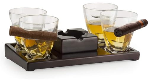 The Wine Savant Cigar Glasses Tray & Ash Tray, 4 Whiskey Cigar Glasses Slot, Gift Set for Dad, Men's Home Office Decor & Man Cave