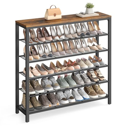VASAGLE 6-Tier Shoe Rack, Shoe Organizer for Closet, Entryway, 24-30 Pairs of Shoes, Large Shoe Rack Organizer with 5 Metal Mesh Shelves, 11.8 x 39.4 x 43.3 Inches, Rustic Brown and Black ULBS016B01