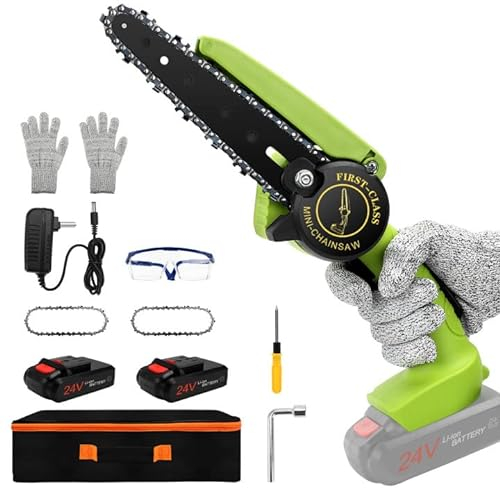 Mini Tronconneuse A Batterie jardinage scie électrique petite - 6 Pouces 24v Tronconneuse Electrique Sans Fil, 2*La Batterie, 2*ChaîNe, 2*Gants, 1*Des Lunettes De Protection