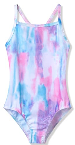 TENVDA Girl Bathing Suit One Piece Swimsuits Water Sport Breathable White Pink Blue Tie Dye Swimwear for 5-6 Years Old Kids