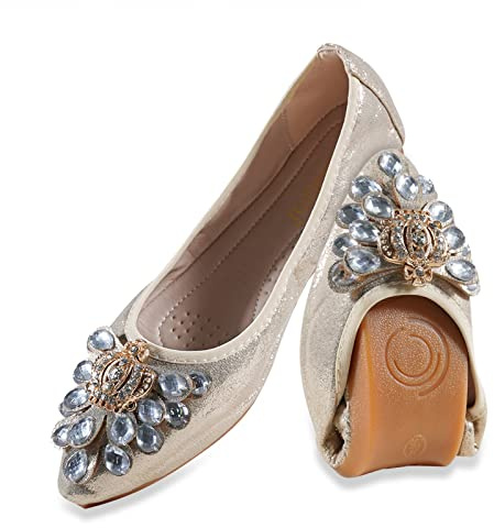MACHSWON Ballerines plates à enfiler pour femme - Portable - Confortables - Avec strass étincelants - Bout pointu - Chaussures de mariage pour mariée, doré, 37 EU