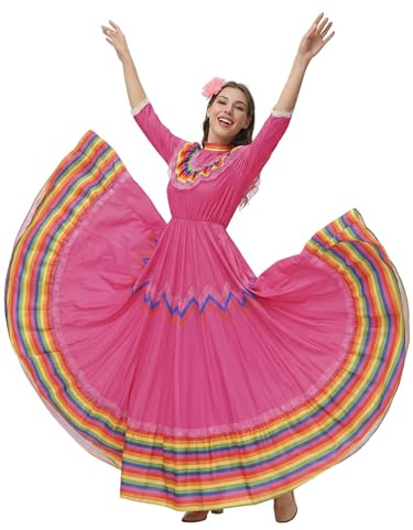 Faltern Cinco De Mayo Dress - Women's Mexican Fiesta Costume - Traditional Folklorico Dress for Women Rose