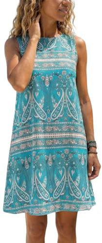 KBRPEY Sommarklänning för kvinnor Ärmlös Blommig Tryck Bohemian Etnisk Elegant Klänning Strand Tank Short Mini A-Line Sommarklänningar Vintage Beach Klänning, Ljusgrön, M