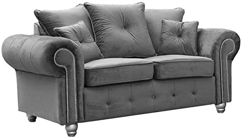 Hugo 2 Seater Sofa – Grey Plush Velvet Couch – Modern Upholstered Sofa for Living Room – High Back Fabric Sofa Suite