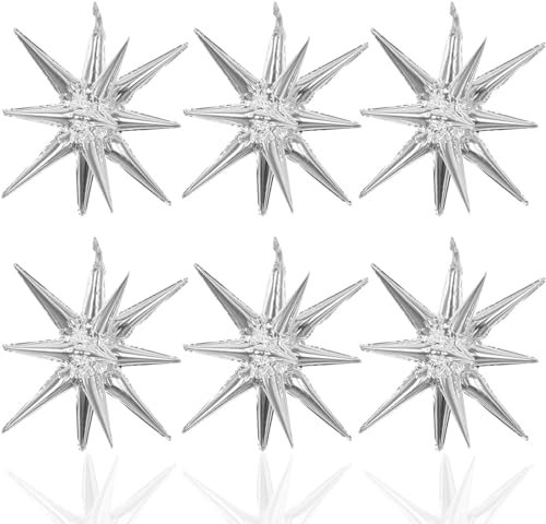 Étoiles 4D 6 Pièces Star Balloons, 22 Pouces Aluminium Étoile, Ballon Explosion pour Fête d'Anniversaire, Mariage, Remise de Diplôme - Argent