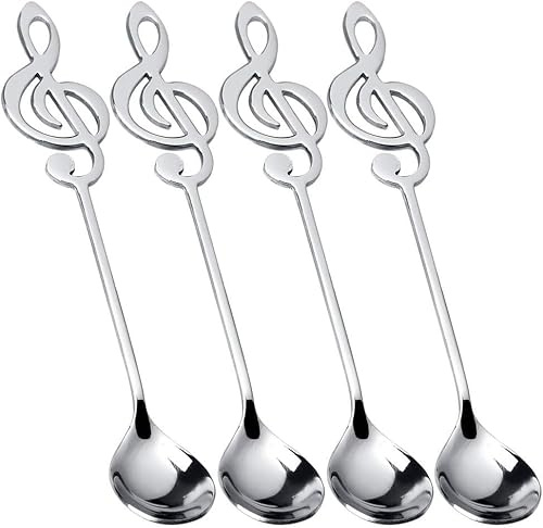 4-delad musiknot kaffeskedsset, musiknoter dessertsked, rostfritt stål musiknoter kaffesked, rostfritt stål mini tesked, espressomrörningssked, liten musiknot tesked