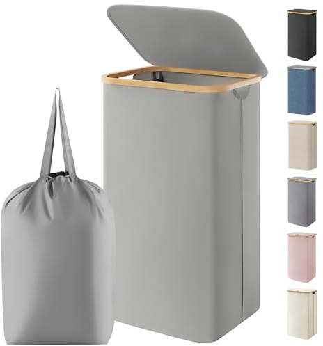 Lifewit 105L Laundry Basket with Lid, Foldable, Bamboo Handles, Silver Gray | Dirty Clothes Bin with Removable Bag, Large Washing Basket for Bedroom, Bathroom, Dorm and Laundry Room