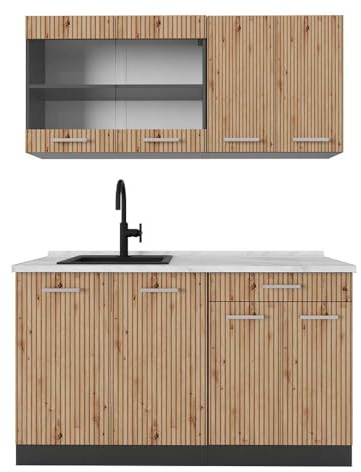 Vicco Singleküche R-Line, Artisan-Eiche, 140 cm, AP Marmor, zur flexiblen Erweiterung mit weiteren Modulen geeignet