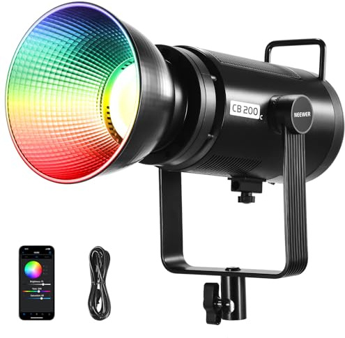 NEEWER CB200C 200W RGBWW COB LED Video Light, APP/2.4G 360° Color 2500K-7500K (Duv±0.0003) 23000lux/m Bowens Metal Shell Silent Continuous Output Lighting TLCI/CRI97+ for Photography Video Recording