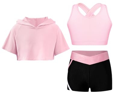 Fldy Flickträningsoverall kortärmad huvtröja crop linne och shorts 3-pack barn flickor kläder set sommar sport dans träning löpning outfit, Rosa_a, 134-140