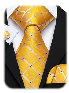 Barry.Wang Plaid Tie 63 Extra Long Striped Necktie for Men Silk Pocket Square Cuff Links Wedding Formal Party