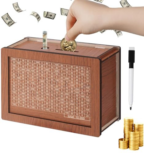 Xinpinzhou Wooden 10000 Saving Challenge Box for Adults, 10,000 10k Pound Coin Cash Vault Money Saver Saving Counter Wooden Piggy Bank Box for Boys With Numbers Cashbox Piggybank