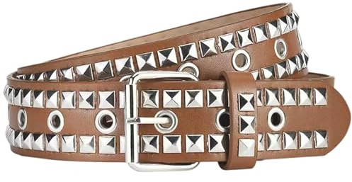 NUREINSS Punk bälte | pyramidstensöljetter metallnitar och PU-konstläder | Justerbar för jeans, klänningar, gotiska kläder | 3,8 cm bredd | perfekt för konserter, fester och vardag, kamel, En Storlek