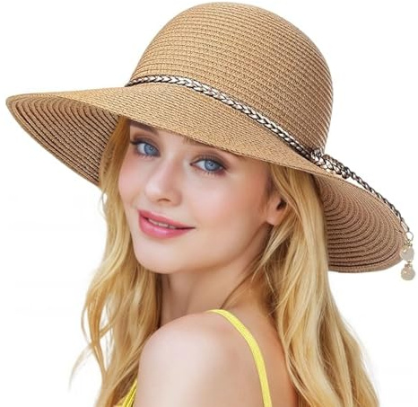 BelleVive Strand-Sonnenhüte für Damen, Strohhut für Frauen, LSF 50+ UV-Schutz Damen-Sonnenhut, Sommerhüte, verstaubar und faltbar, Sonnenhut für Damen, Hut mit breiter Krempe, Khaki