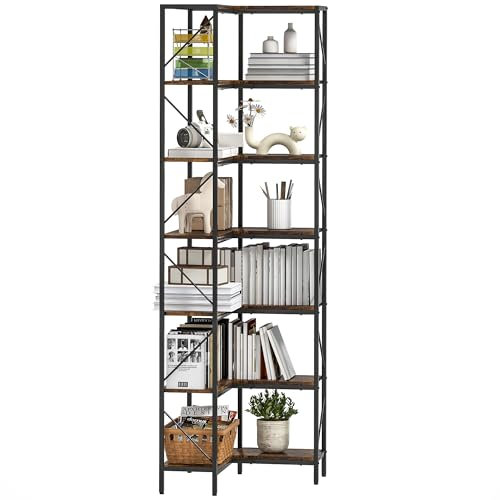 HOMCOM Libreria Angolare a 7 Livelli dal Design Industriale con Base Rialzata, libreria Scaffale in Truciolato e Metallo, 60x60x198 cm, Marrone Rustico