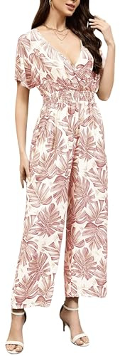 DUKAKII Women's Floral Jumpsuit Boho Jumpsuit Floating Short Sleeve V-Neck Elasticized Drawstring Jumpsuit with Pockets
