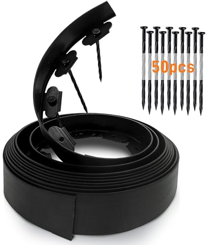 CHEOAR Bordo da Giardino 10m, Bordo Prato Flessibile con 50 Picchetti, Altezza 10 cm, Bordo Giardino in Plastica per Delimitazione Aiuole, Viali Giardino e Alberi, Nero