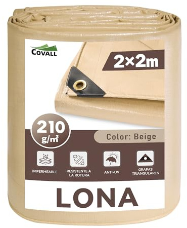 COVALL Bâche de Protection Extérieure 2x2m 210g/m² Beige - Bâche Imperméable avec Oeillets Renforcés, Anti-UV, Résistante aux Intempéries et au Gel pour Usage Extérieur Polyvalent