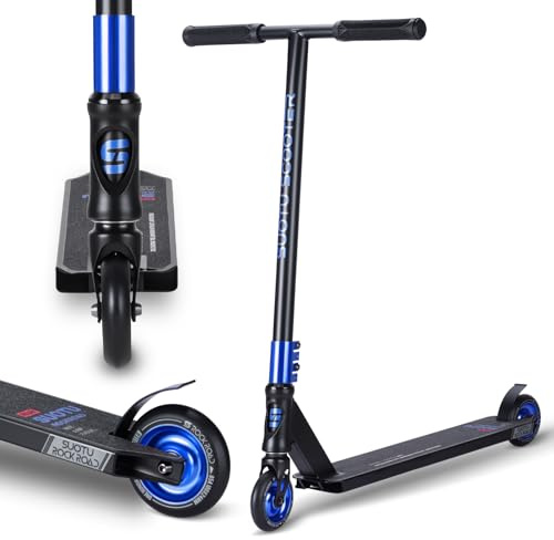 SUOTU Stunt Scooter, 360° Lenkung, Stunt Roller mit 100mm 85A PU Räder, Stand Roller für Kinder Jugendliche und Erwachsene, Tragfähigkeit: 100 kg, Aluminium (Schwarz- Blau)