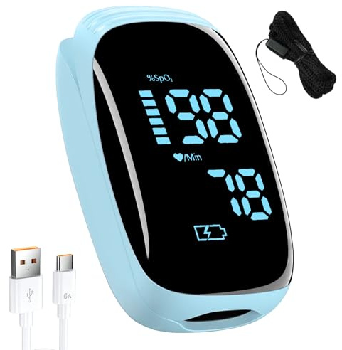 Fingertip Pulse Oximeter, Portable Rechargeable Oximeter Instant SpO2 & Accurate Heart Rate Reading for Adults, Includes Protective Silicone Cover (Blue)