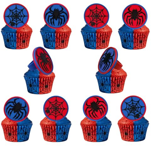48 PCS Spider Cupcake Rings, Spider Cupcake Toppers Cake Toppers Dessert Decorations for Birthday Halloween Party Classroom Prizes